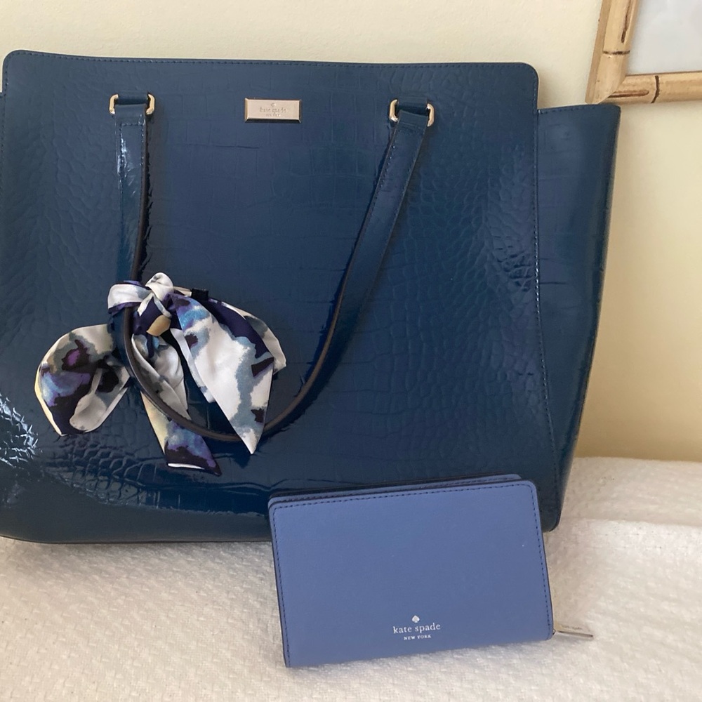 Kate Spade Blue Structured Tote with Silver Hardware